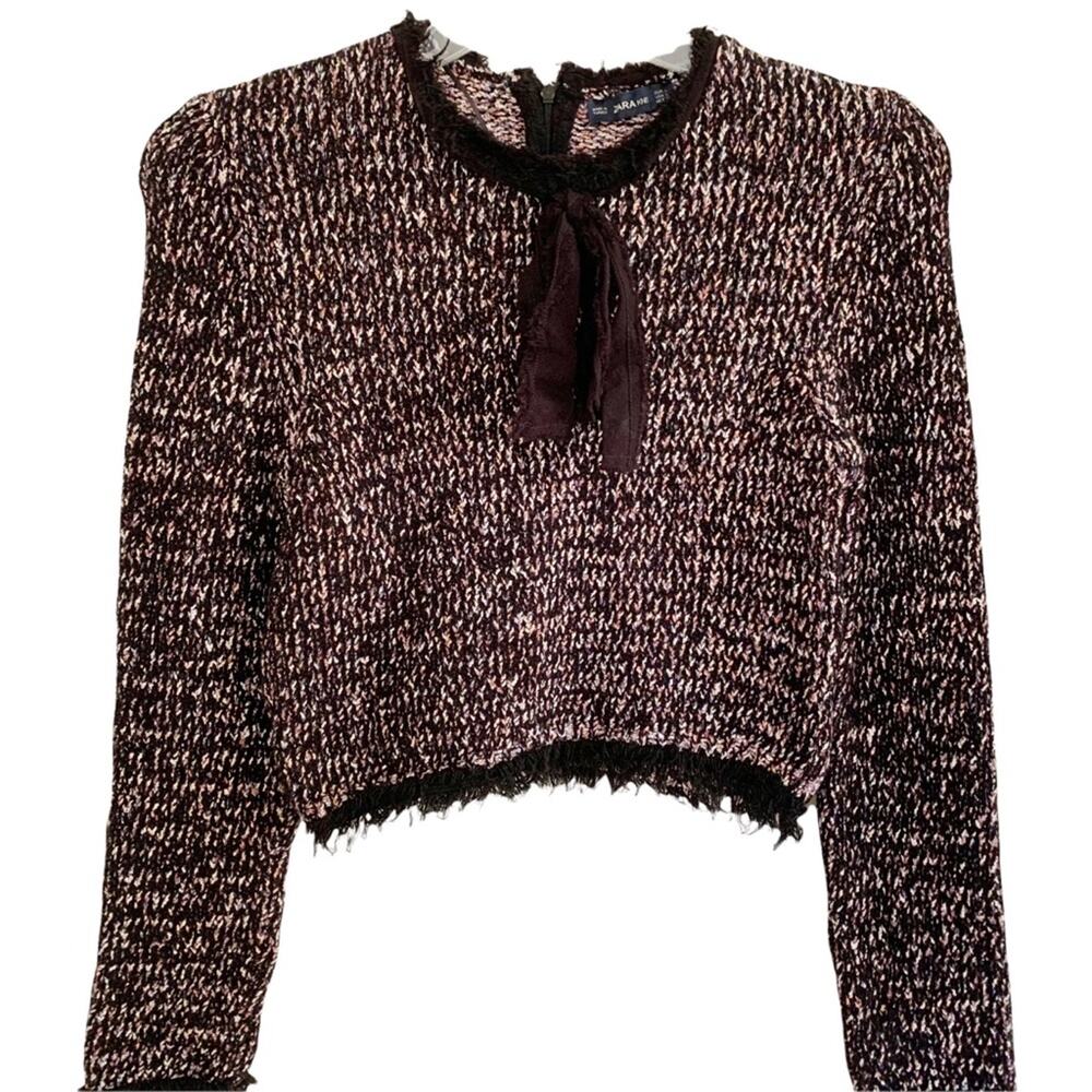 Zara Knit Black Pink Boucle Fringe Bow Neck Sweater Large Bloggers Fav